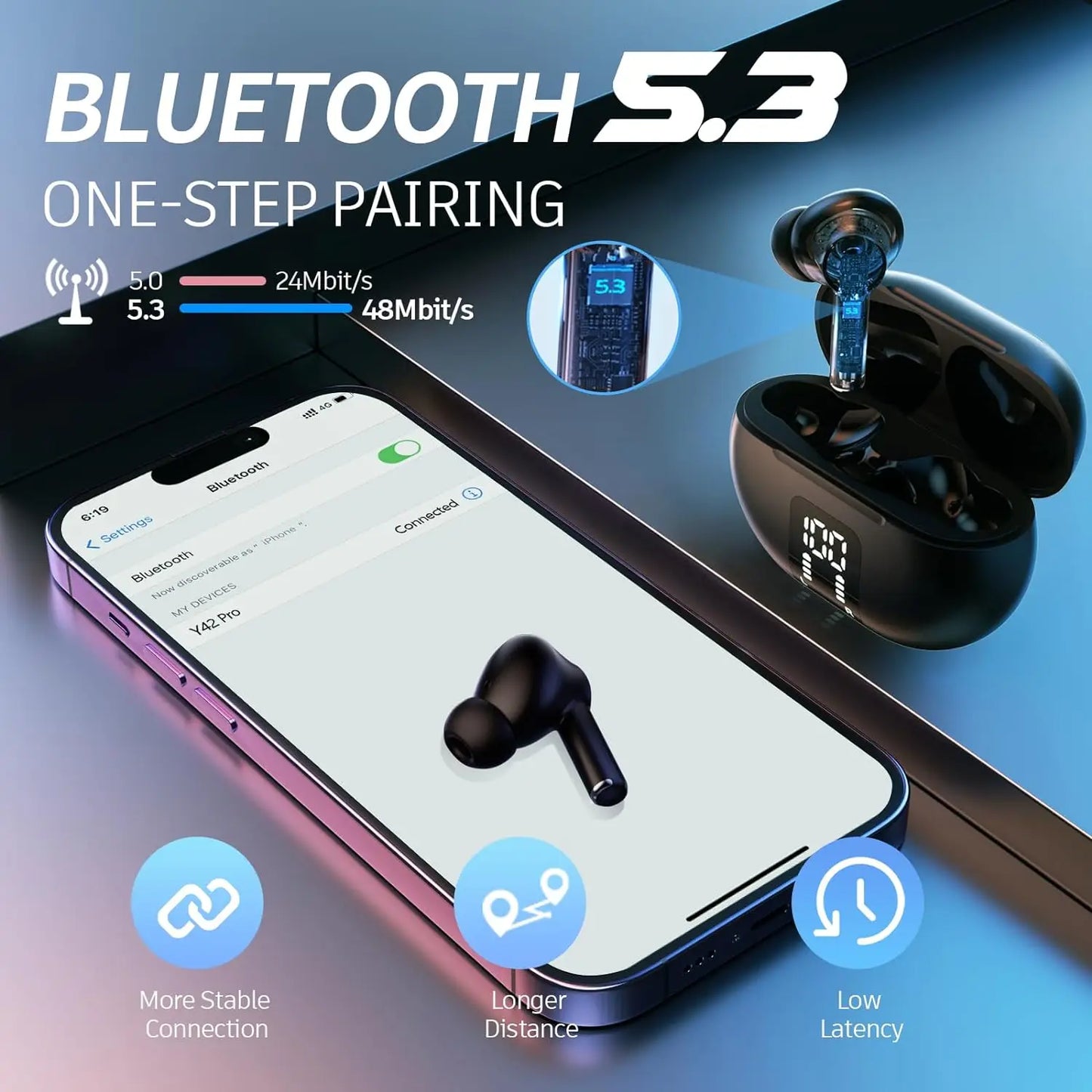 Wireless Earphone Bluetooth 5.3 Headphone 60H LED Power Display Ear Buds Mic Noise Cancellation