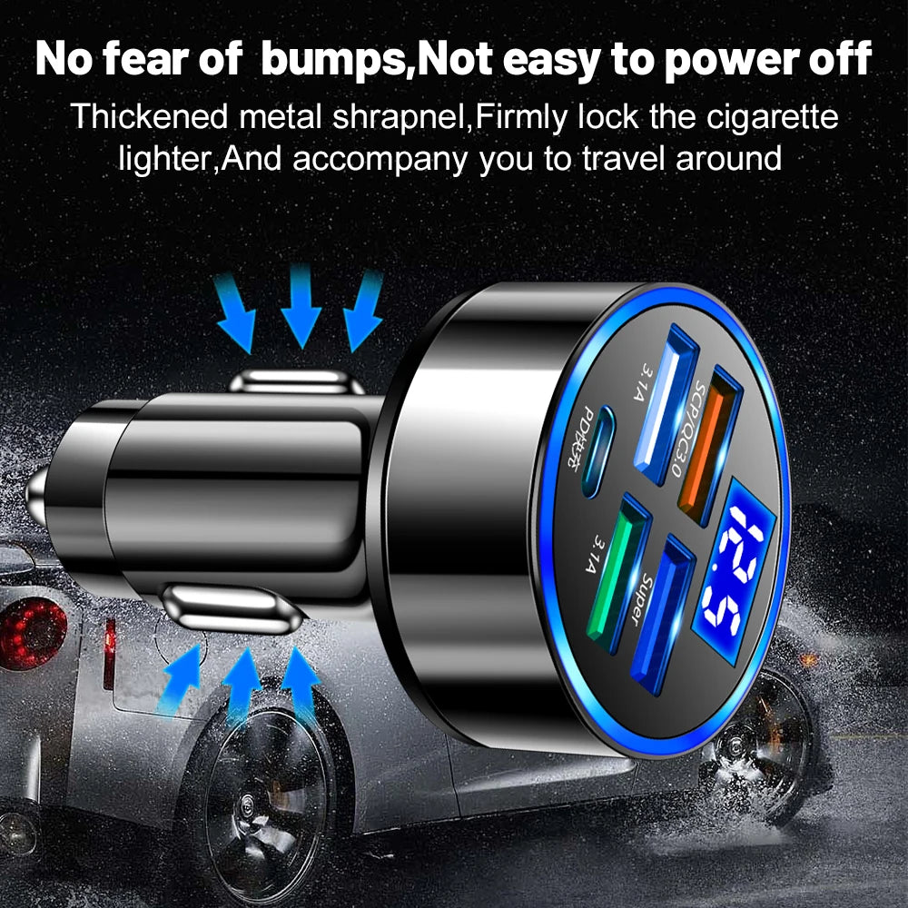 250W LED Car Charger 5 Ports Fast Charge PD QC3.0 USB C