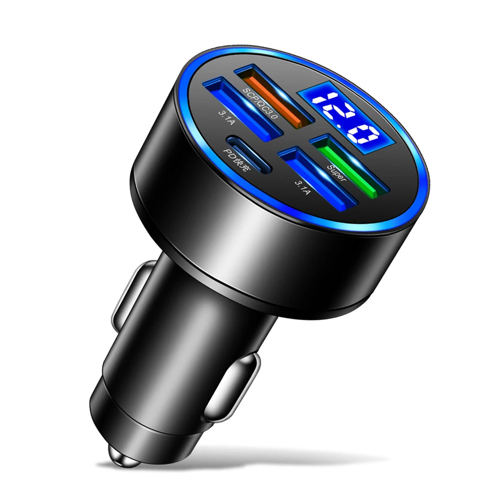 250W LED Car Charger 5 Ports Fast Charge PD QC3.0 USB C