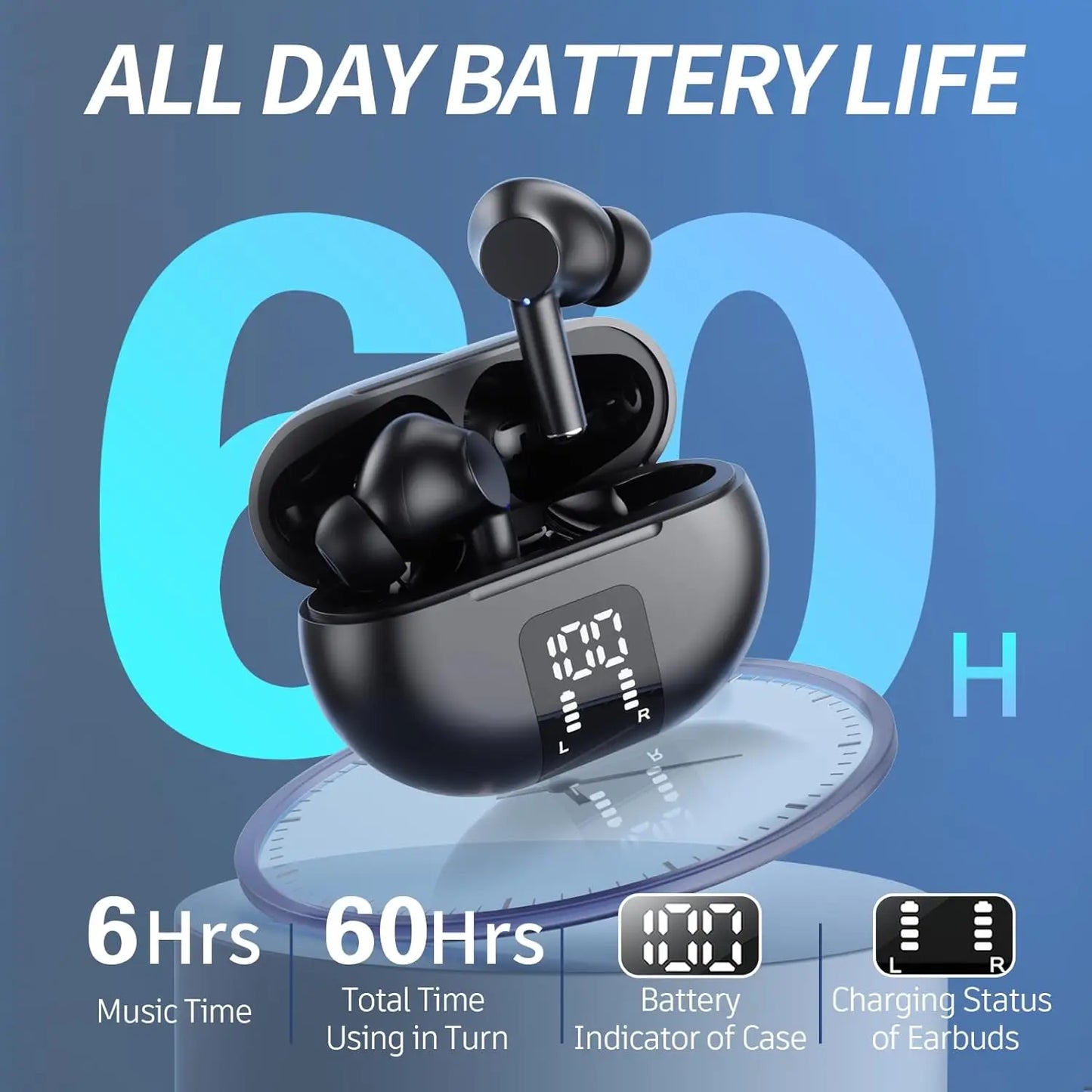 Wireless Earphone Bluetooth 5.3 Headphone 60H LED Power Display Ear Buds Mic Noise Cancellation