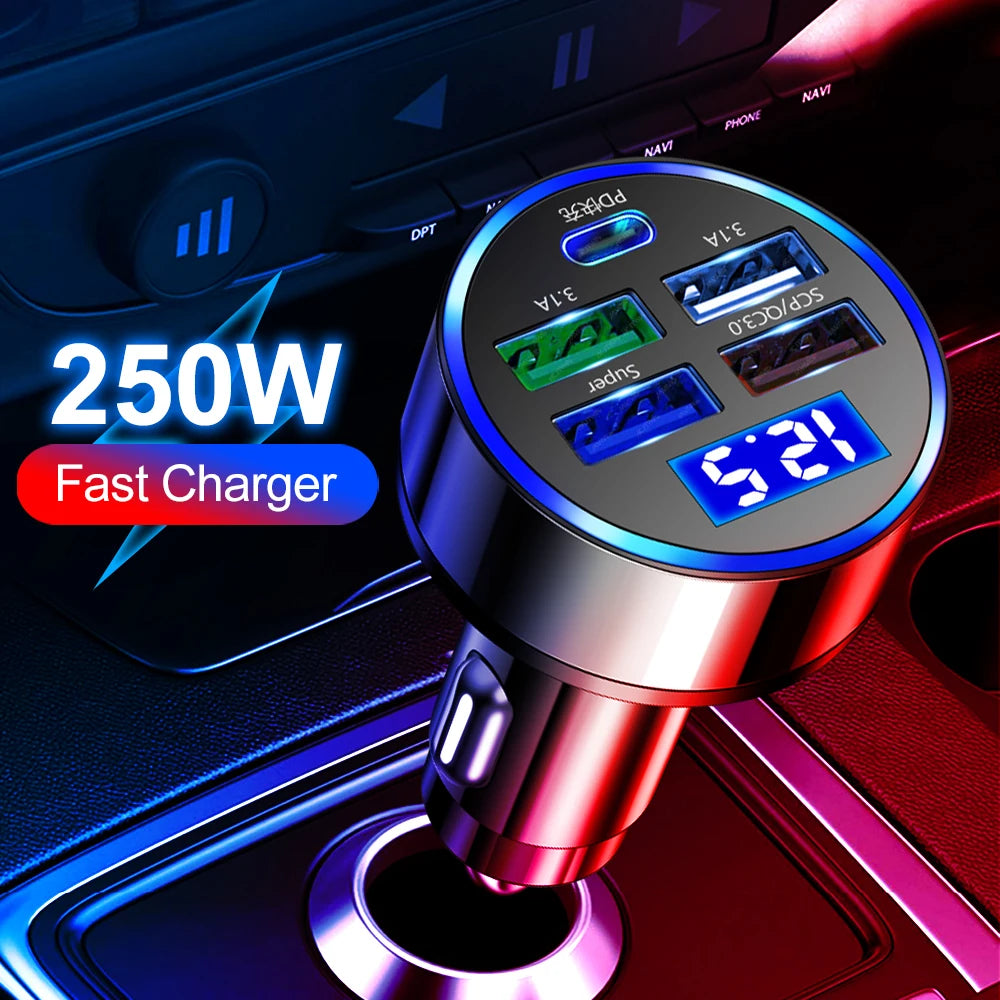 250W LED Car Charger 5 Ports Fast Charge PD QC3.0 USB C