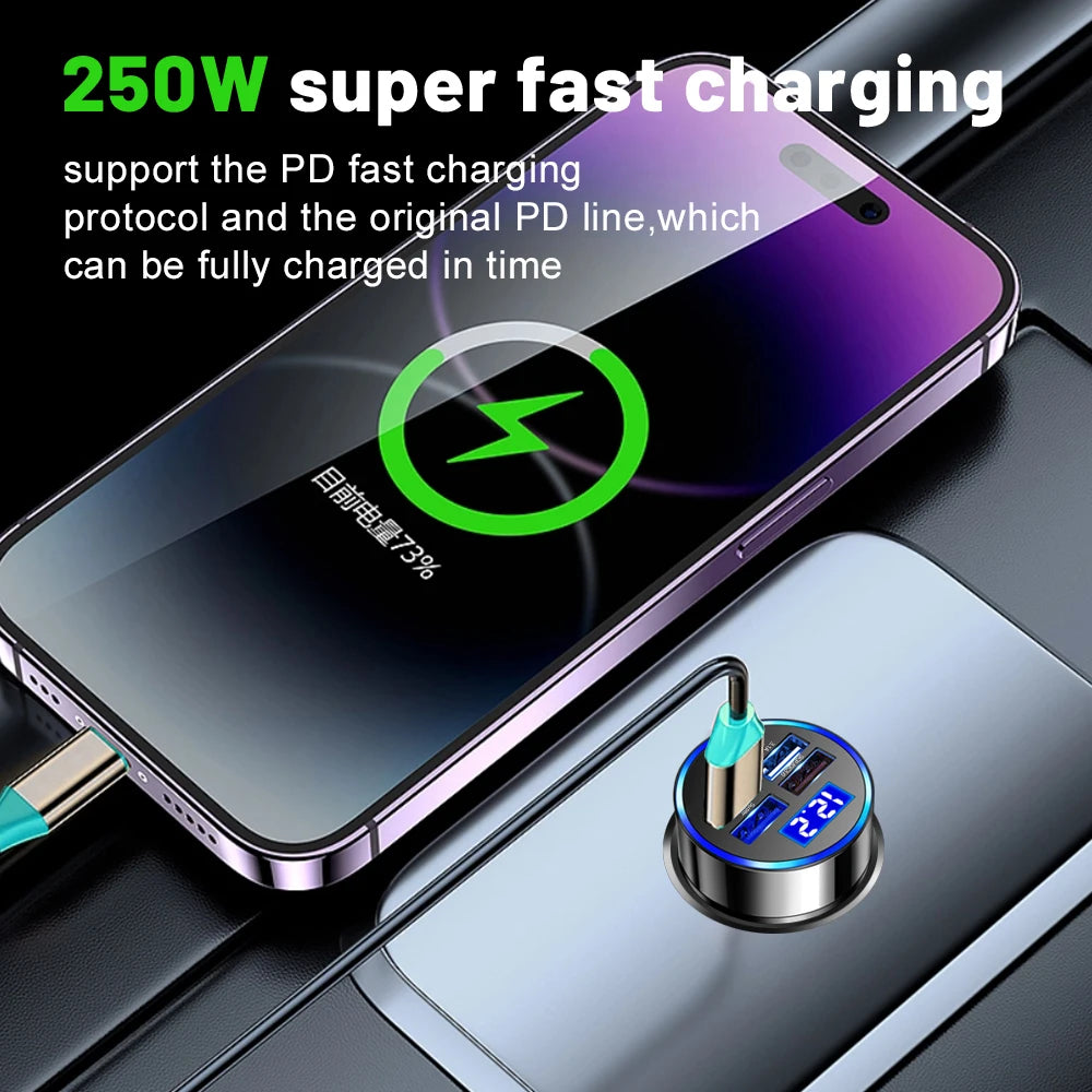 250W LED Car Charger 5 Ports Fast Charge PD QC3.0 USB C