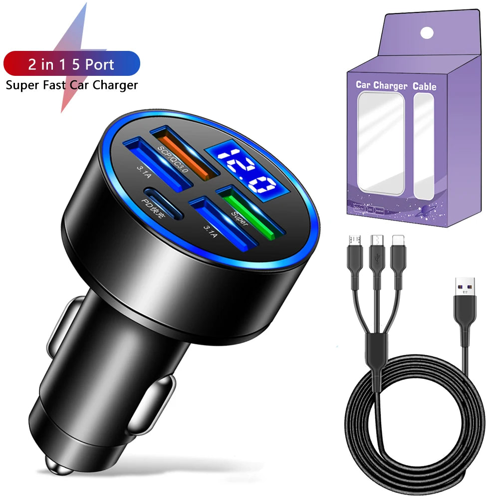 250W LED Car Charger 5 Ports Fast Charge PD QC3.0 USB C