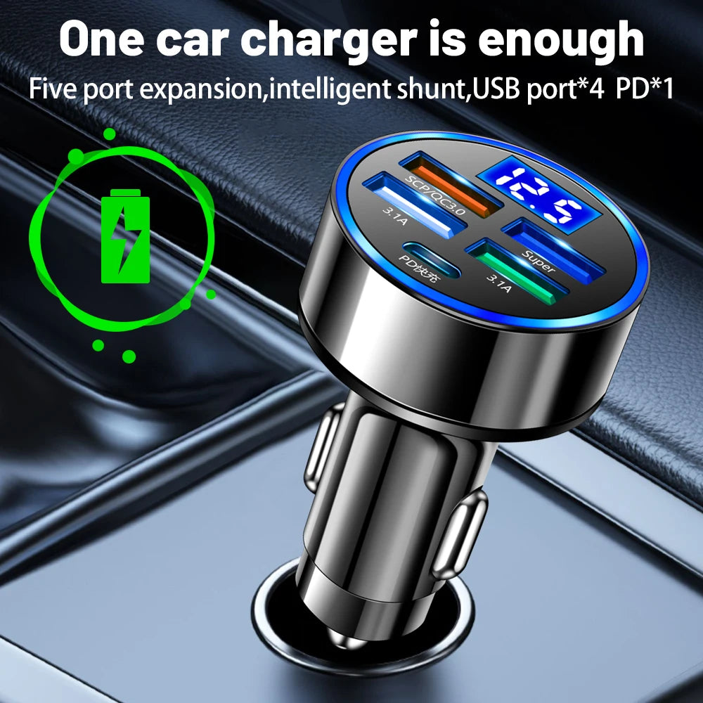 250W LED Car Charger 5 Ports Fast Charge PD QC3.0 USB C