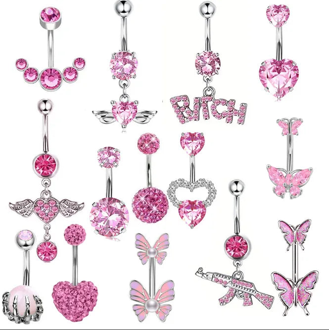 Women's Pink Belly Button Rings Stainless Steel